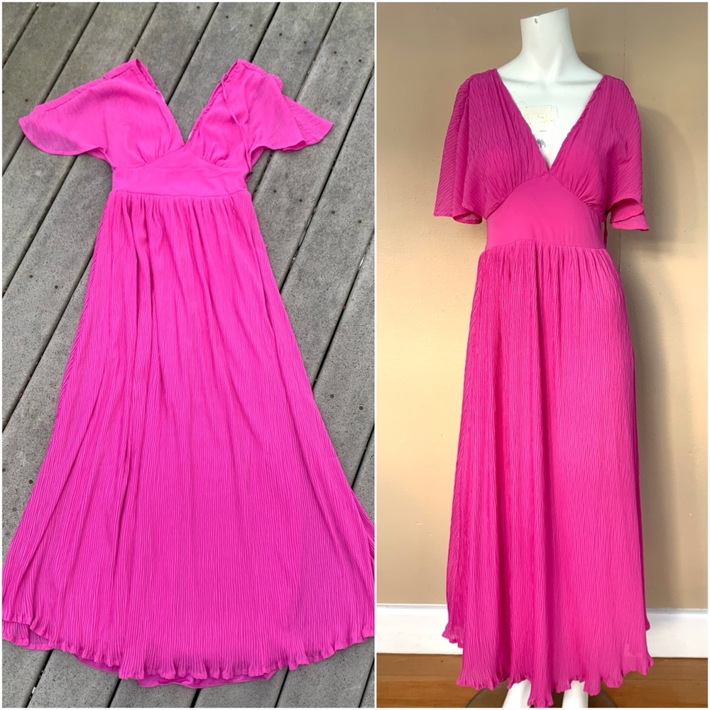 NWT Fuchsia Pink Flutter Sleeve Maxi Dress | Pink V-Neck Empire Waist Maxi Dress
